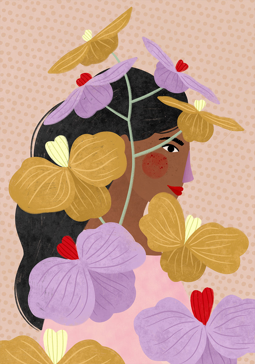 Keltaisten violettien kukkien julisteen takana piilossa