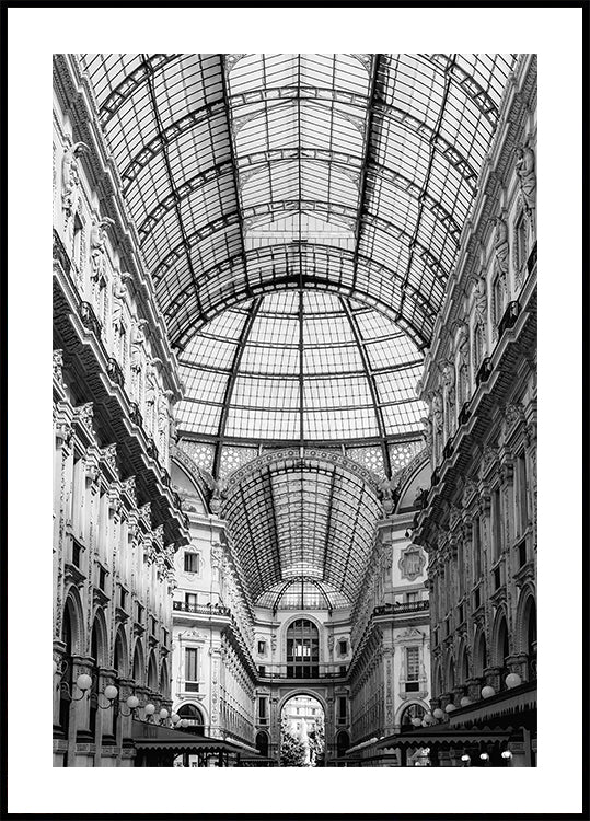 Galleria Vittorio Emanuele II Milanon mustavalkoinen juliste
