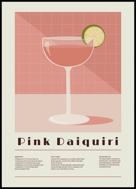 Vaaleanpunainen Daiquiri Cocktail, retroreseptijuliste