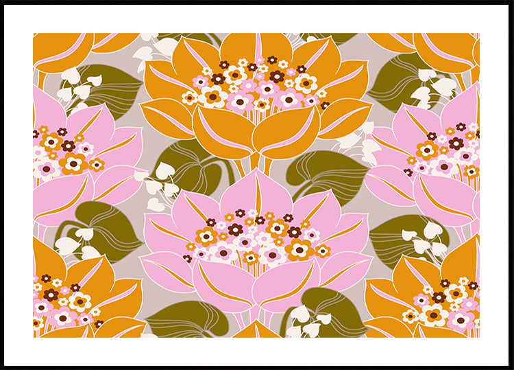 Vaaleanpunaiset ja oranssit kukat vihreillä lehdillä