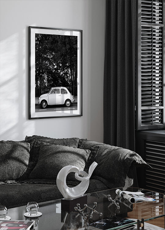 Mini auton mustavalkoinen juliste