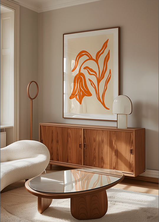 Tyylitelty oranssi tulppaani ja lehdet -juliste