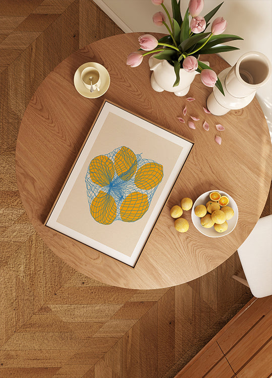 Viisi sitruunaa verkkopussissa juliste