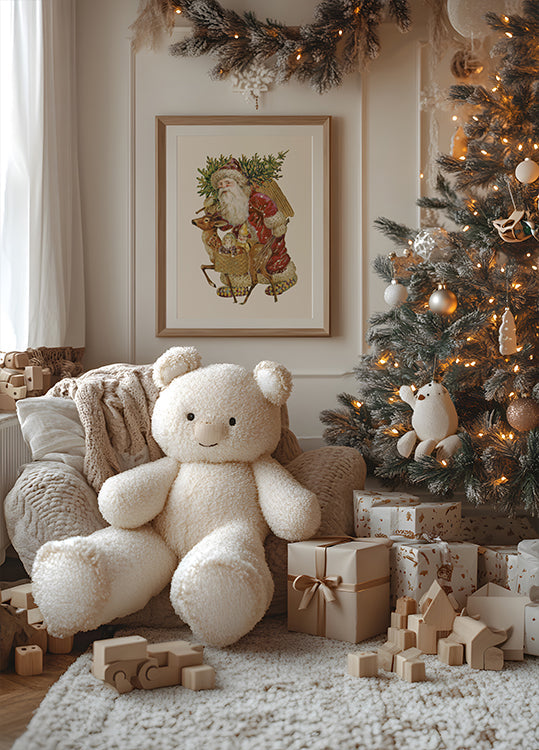 a teddy bear sitting next to a christmas tree