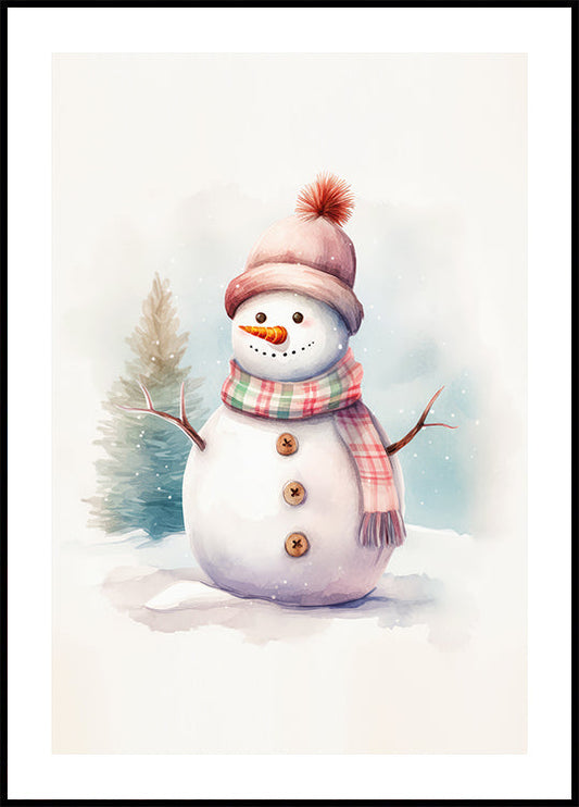 a watercolor painting of a snowman wearing a hat and scarf