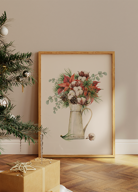 a picture of a vase of flowers in front of a christmas tree