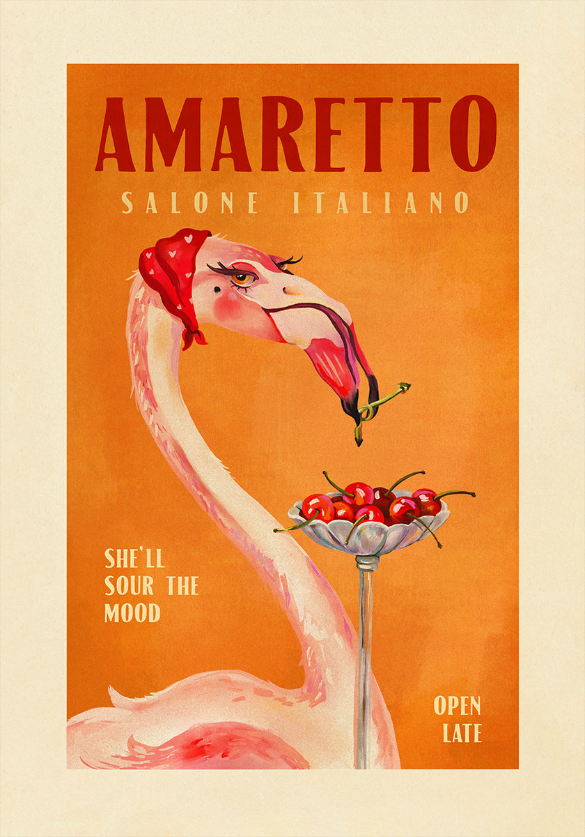 Amaretto Flamingo Art Deco Italian Cafe Travel Art -juliste