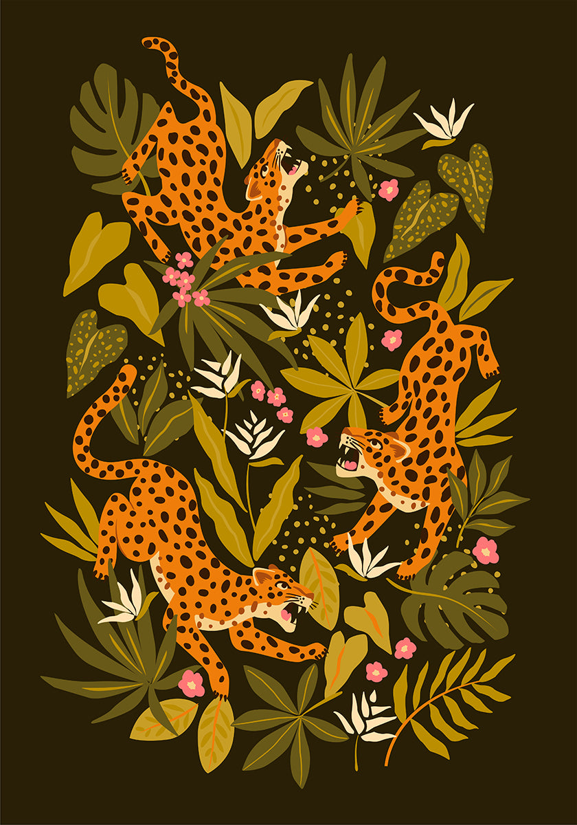 Leopards or jaguars with tropical leaves and plants on dark black background (NEW) - Posterbox