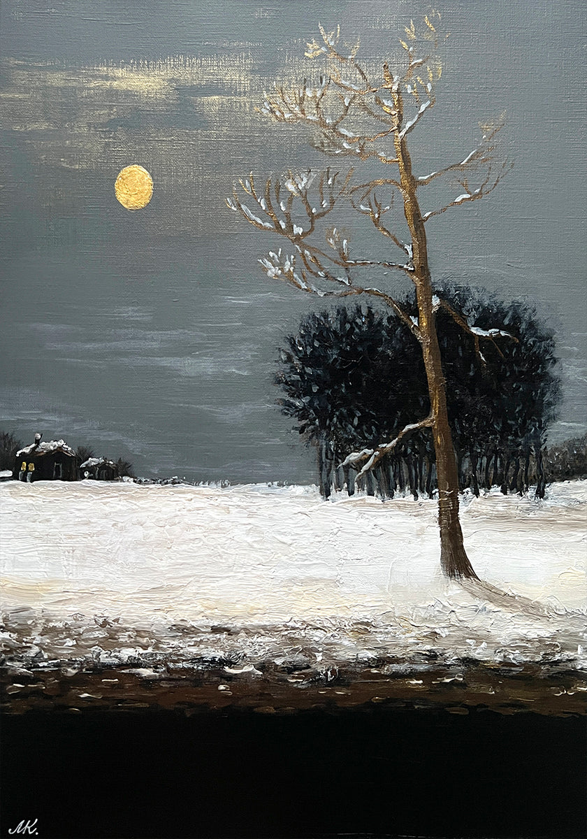On the Outskirts of a Snowy Evening Forest Painting – Moonlit Winter Landscape Art for Home, Office or Gift Interior Plakat