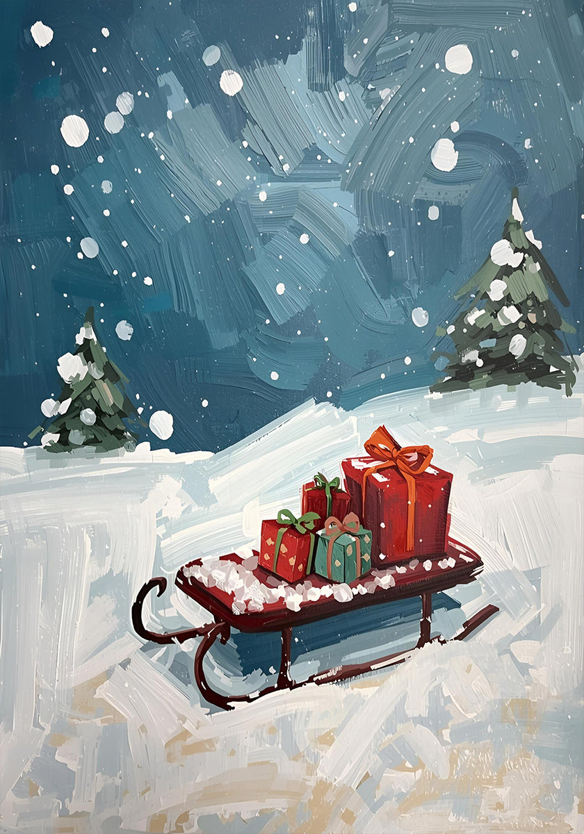 Schlitten mit Geschenken -juliste