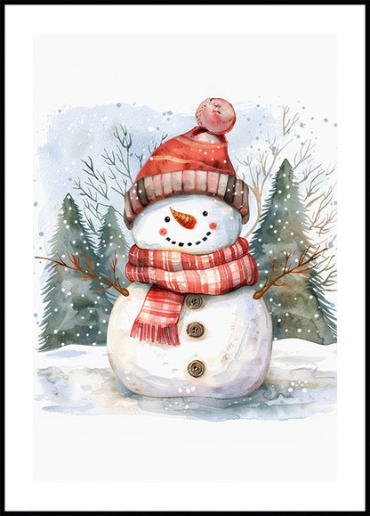 a watercolor painting of a snowman wearing a red hat and scarf