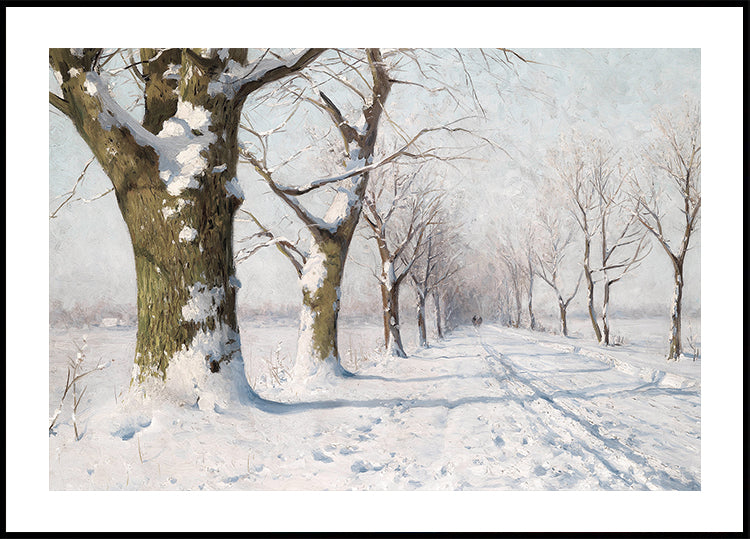 a painting of a snowy road with trees