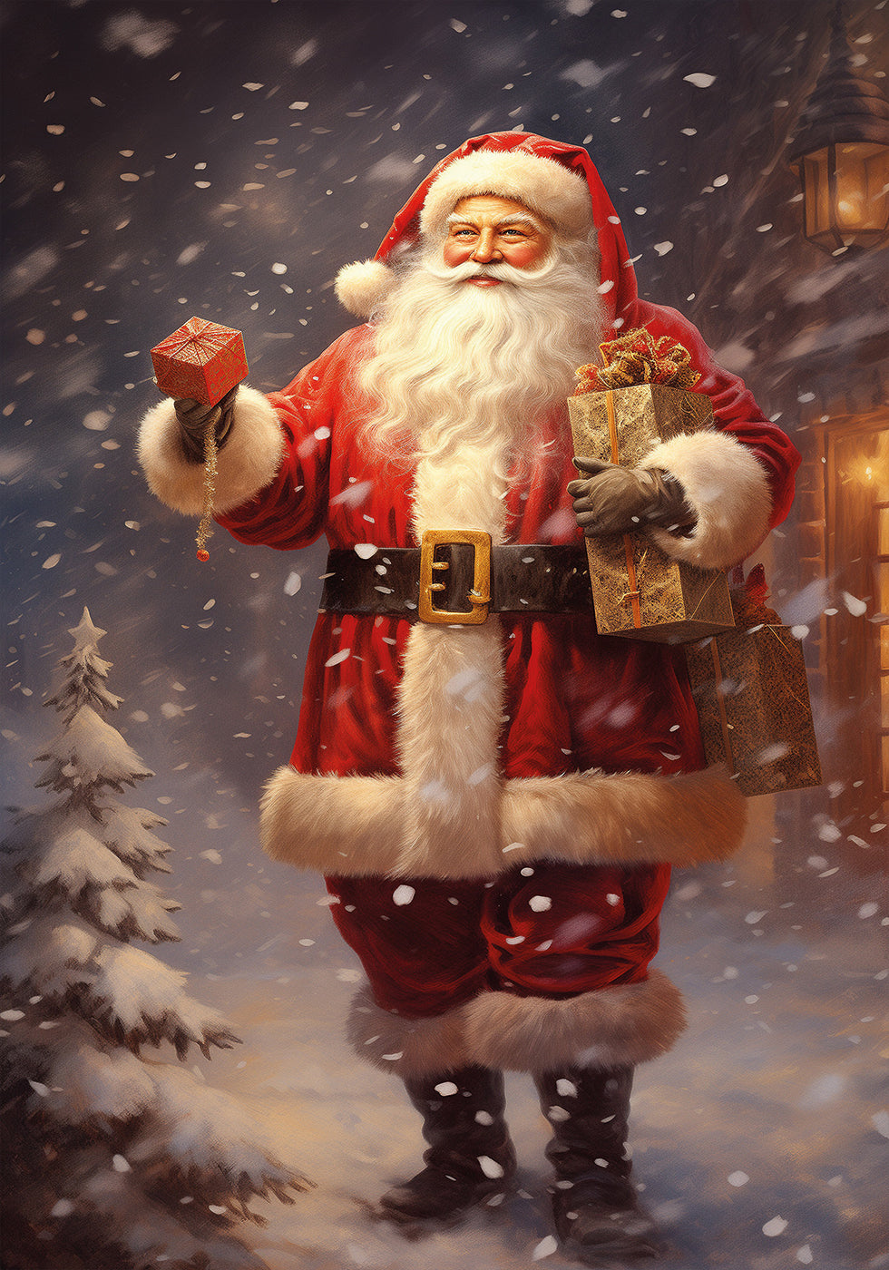 a painting of a santa clause holding a present