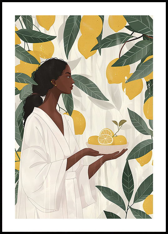 a painting of a woman holding a plate of lemons