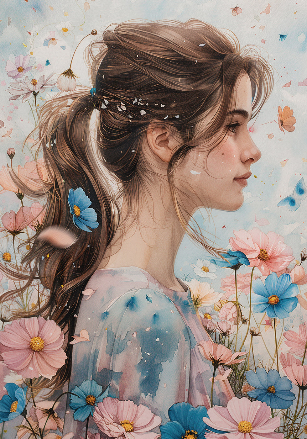 a painting of a girl in a field of flowers