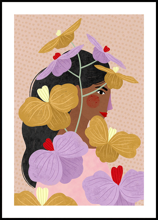 Keltaisten violettien kukkien julisteen takana piilossa