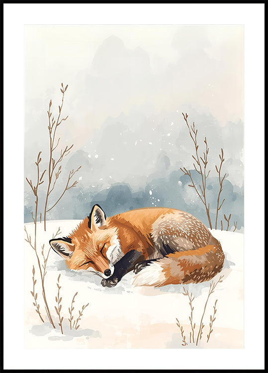 Schlafender Fuchs im Schnee -juliste