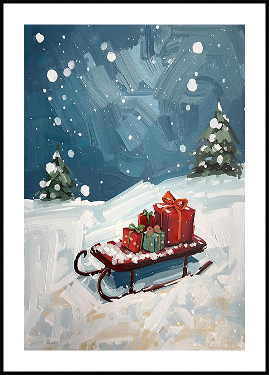 Schlitten mit Geschenken -juliste