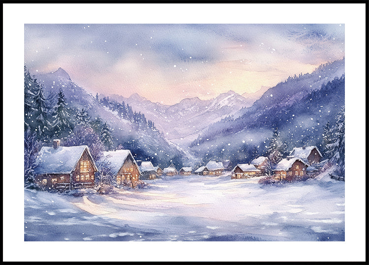 Akvarelli Winter Mountain Village -juliste