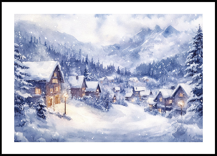 Akvarelli Winter Mountain Village №2 juliste