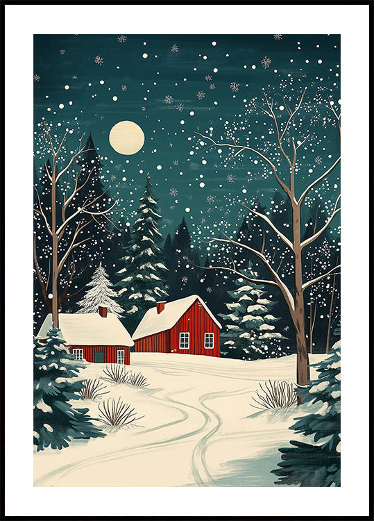 Red Houses and Snowy night sky Plakat