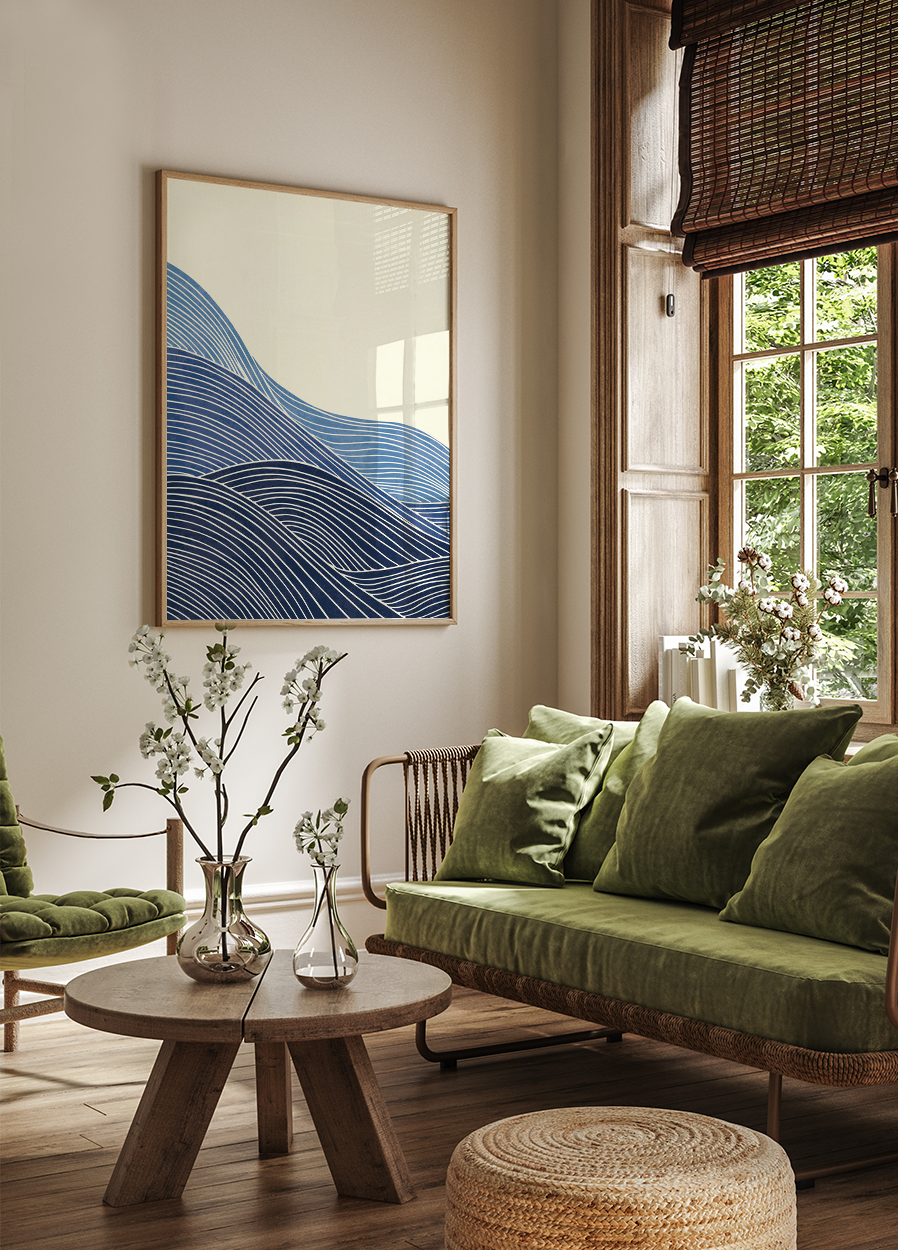 a living room filled with furniture and a painting on the wall