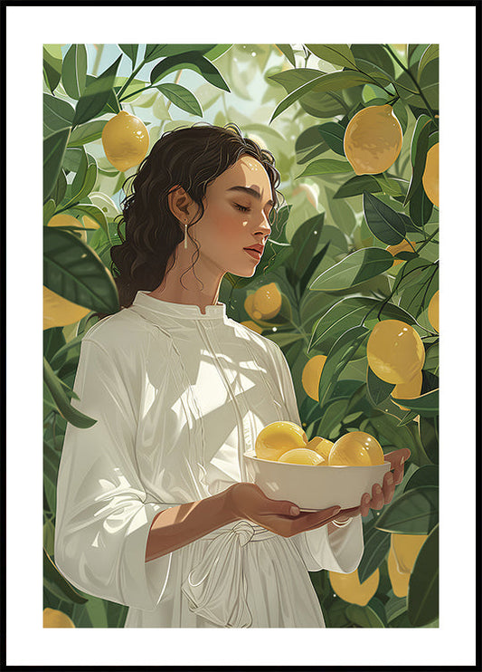 a painting of a woman holding a bowl of lemons