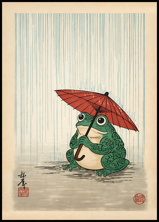 Japanese Frog with Umbrella Poster, Woodblock Art Print - Posterbox