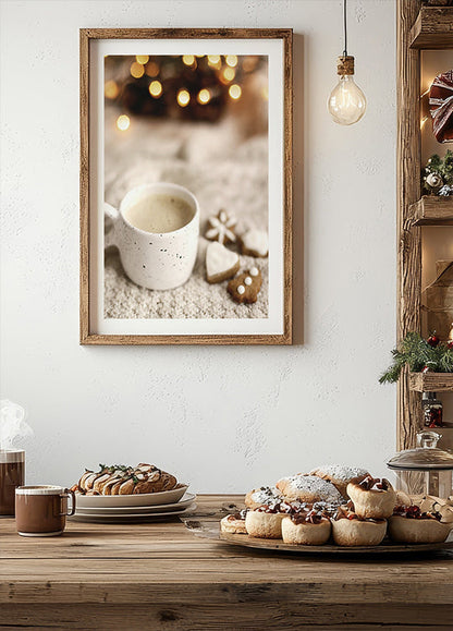 a wooden table topped with a plate of cookies and a cup of coffee