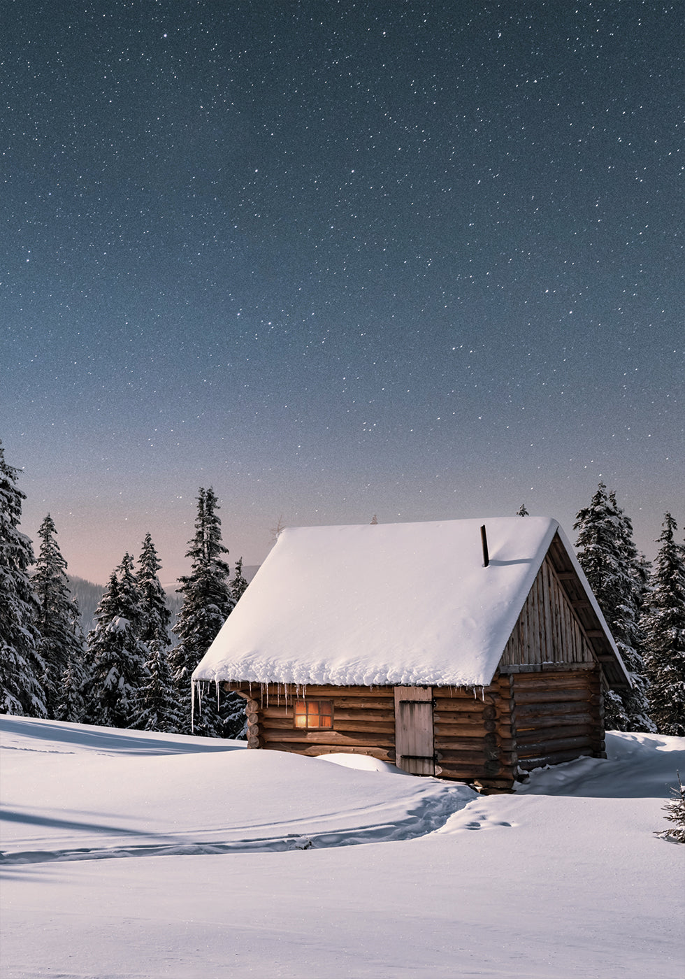 a cabin in the middle of a snowy field