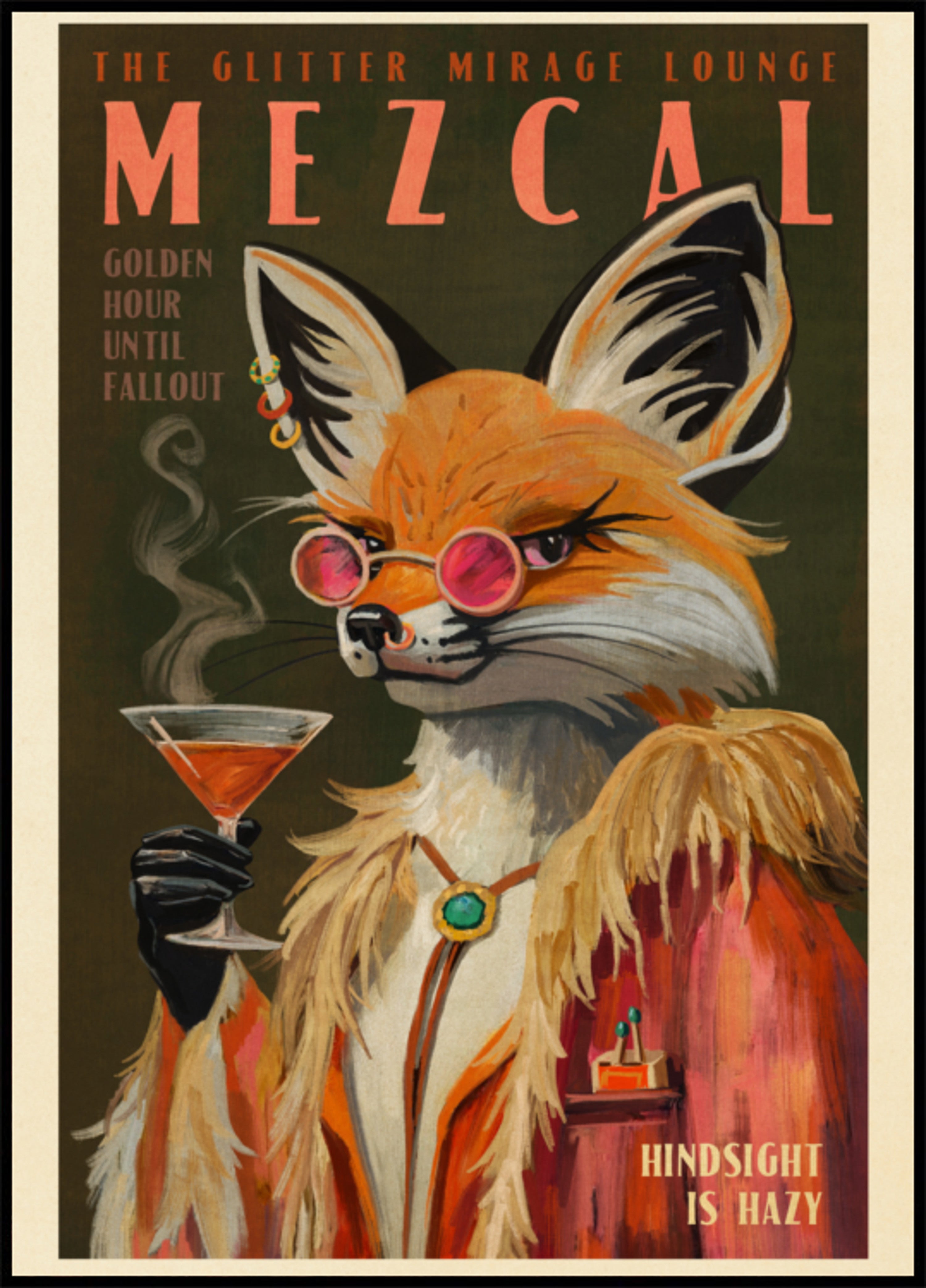 Mezcal Fox Print. Vanhat alkoholijulisteet ja cocktailsisustus