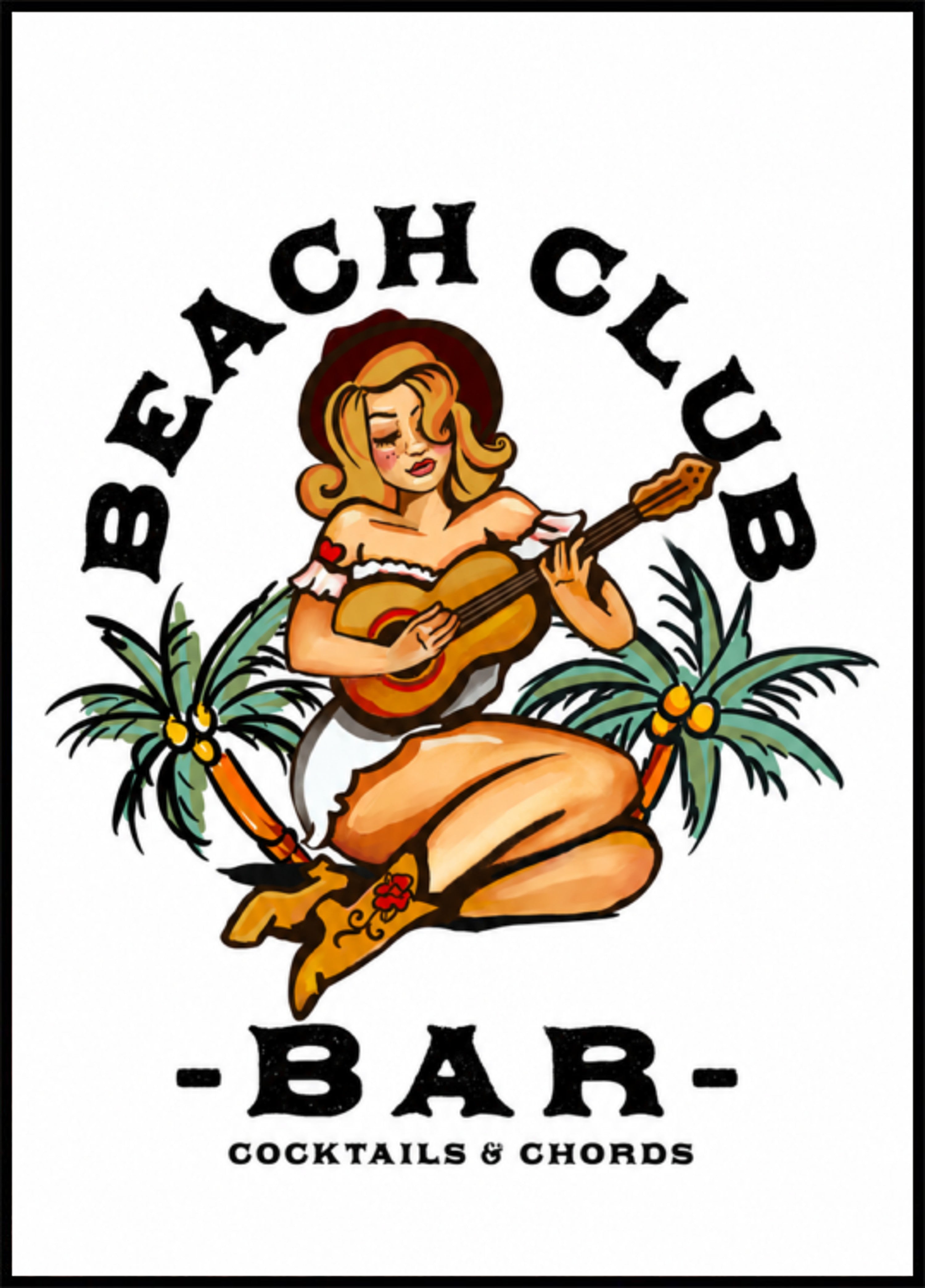 Beach Club -baari. Sailor Jerry Style Pin-up Girl soittaa kitaraa