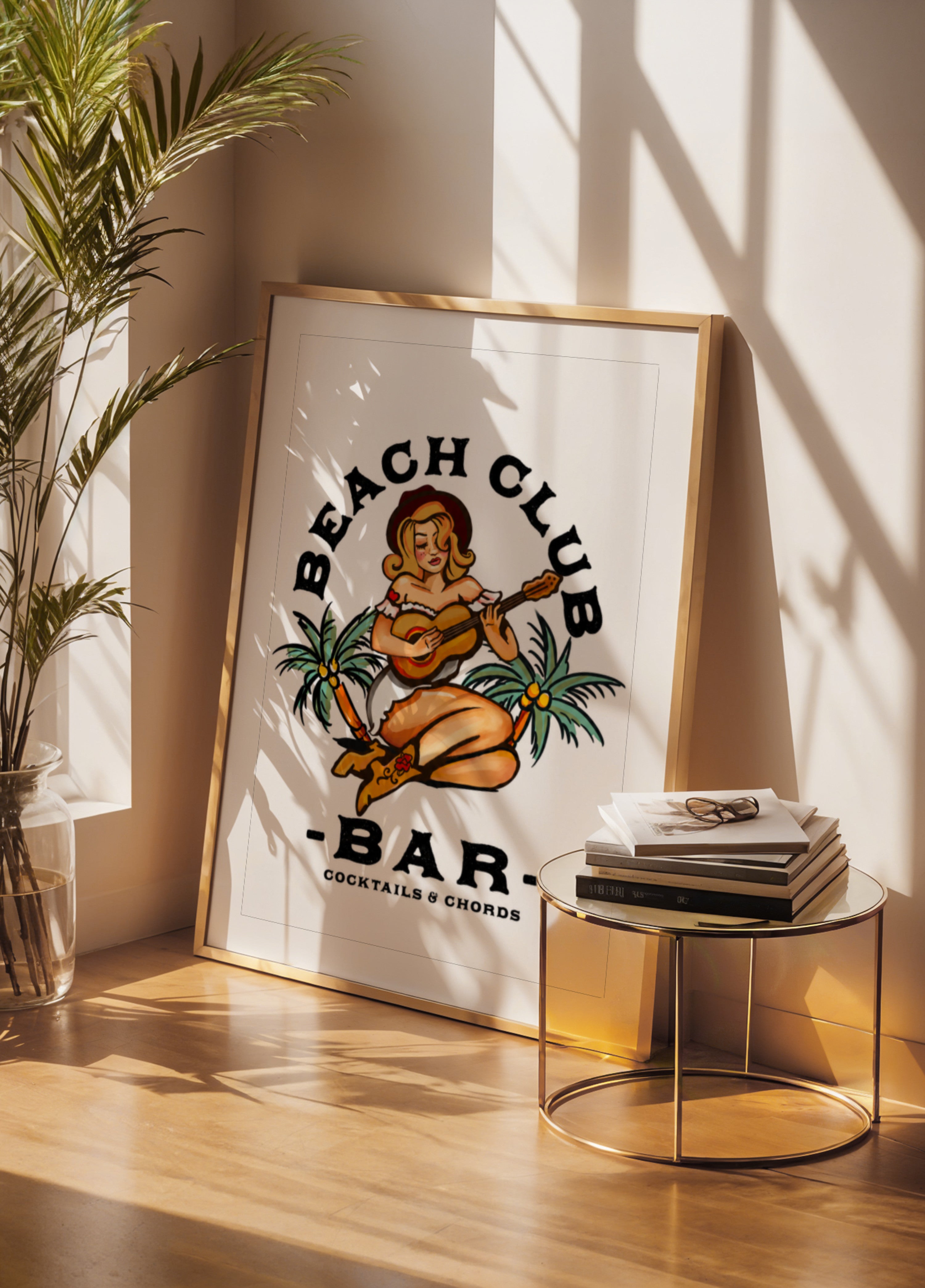 Beach Club -baari. Sailor Jerry Style Pin-up Girl soittaa kitaraa