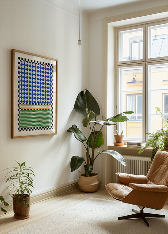 Geometrinen kuvio sininen ja valkoinen timantteja juliste