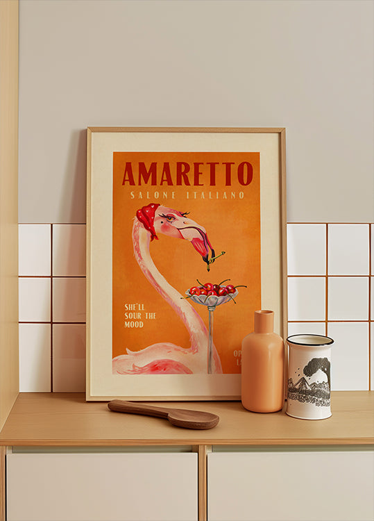 Amaretto Flamingo Art Deco Italian Cafe Travel Art -juliste