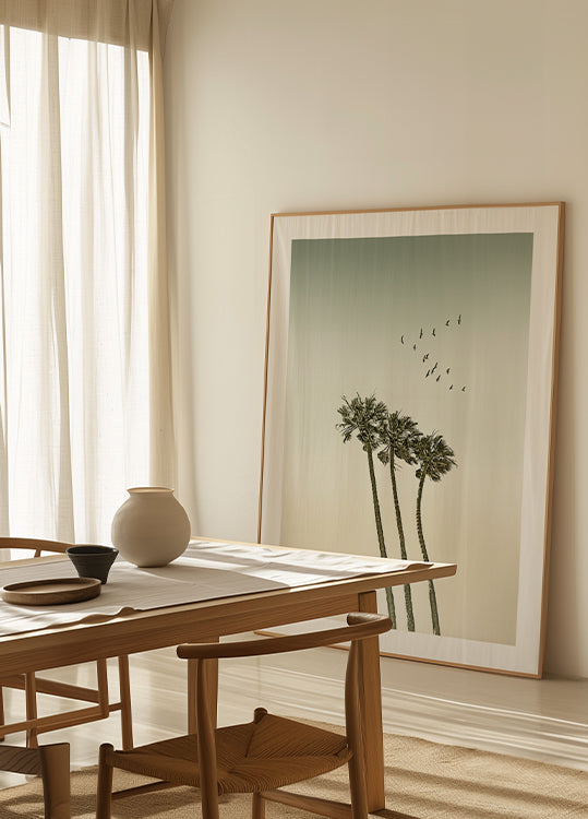 Vintage minimalistisia palmuja ja auringonlaskujuliste