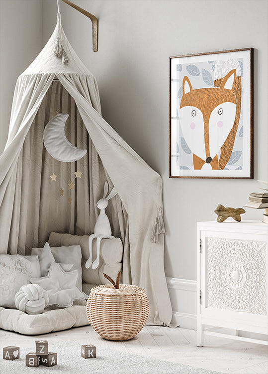 Taiteilija Carla Daly Posterin söpö punainen kettu harmaalla lehtikuviolla