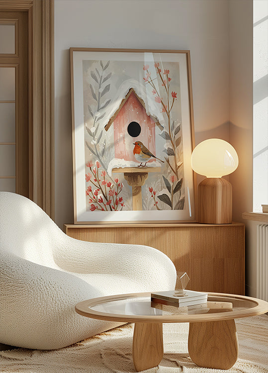 Vogelhaus mit Rotkehlchen und Pflanzen -juliste