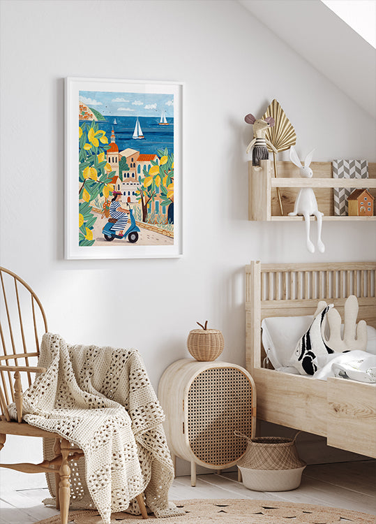 Matkustava nainen Amalfin rannikolla, Italia Juliste