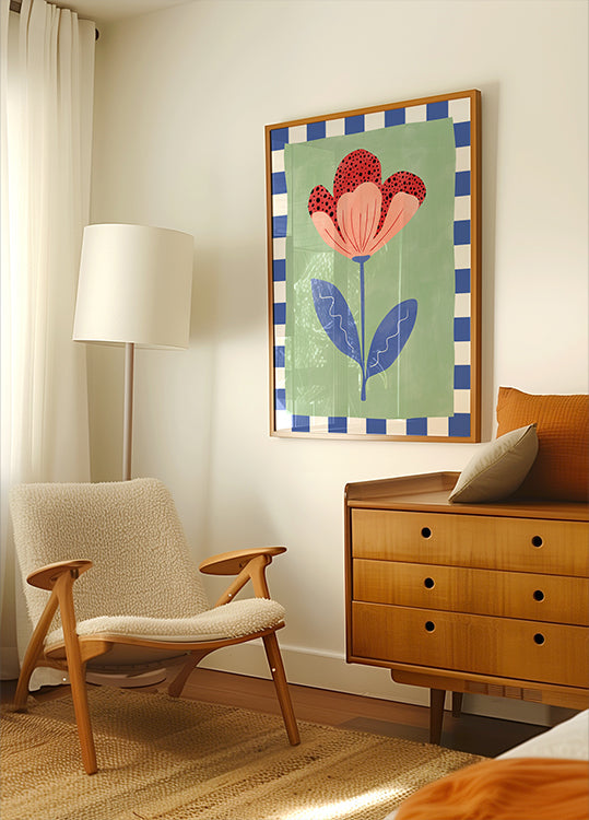 Tyylitelty kukka punaisilla terälehdillä ja mustilla pisteillä -juliste