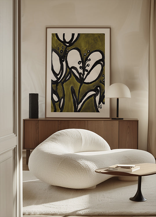 Kukka ja tulppaanit sammaleenvihreässä julisteessa