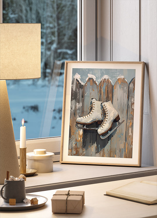 Schlittschuhe am Zaun -juliste