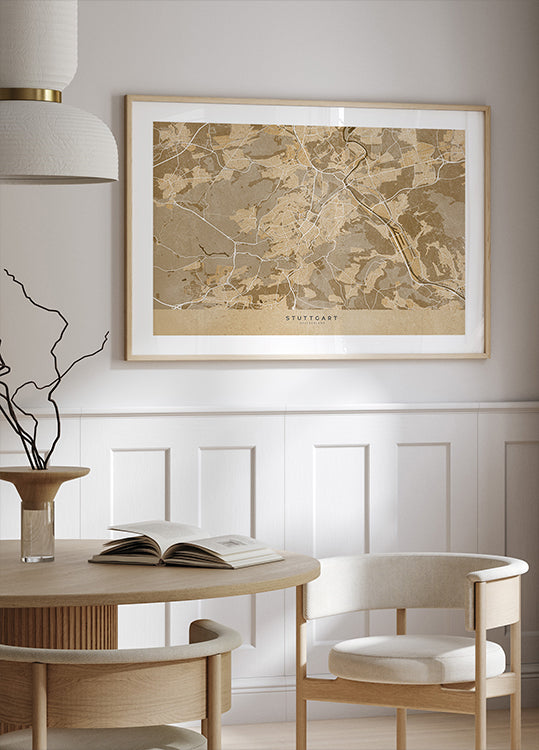 Seepia-vintage-kartta Stuttgartin keskustasta Saksassa (UUSI)