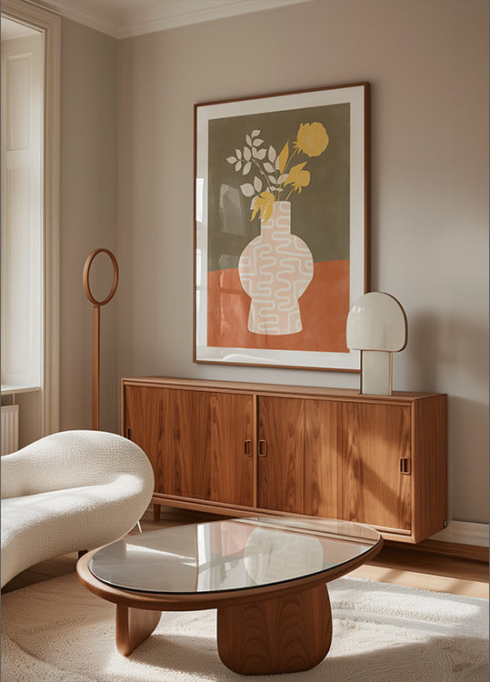 Tyylitelty maljakko valkoisilla kuvioilla juliste