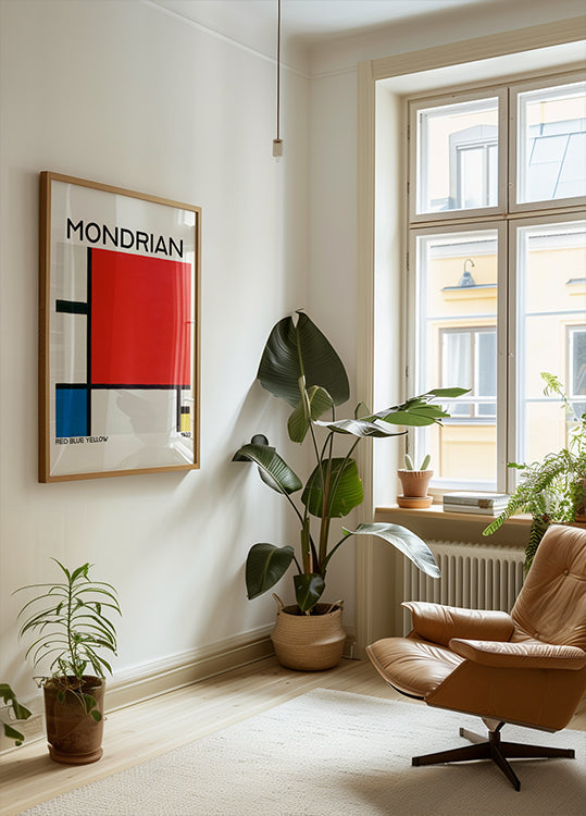 Kokoonpano punaisella, sinisellä ja keltaisella 1930-julisteella