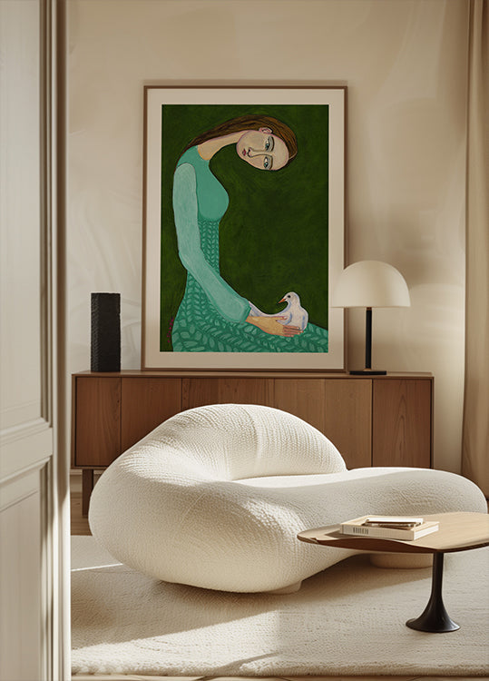 Lady istuu valkoisen kyyhkynen lintu nainen juliste