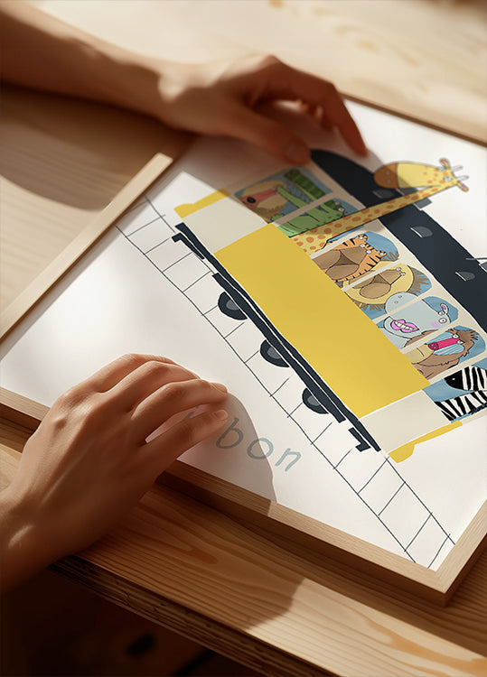 Carla Daly Posterin kuuluisa Lissabonin keltainen raitiovaunu viidakkoeläimillä