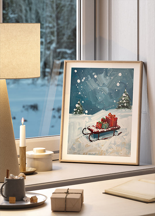 Schlitten mit Geschenken -juliste