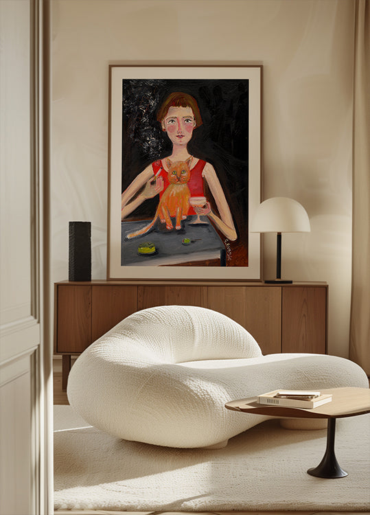 Vintage nainen cocktailin ja kissan kanssa juliste