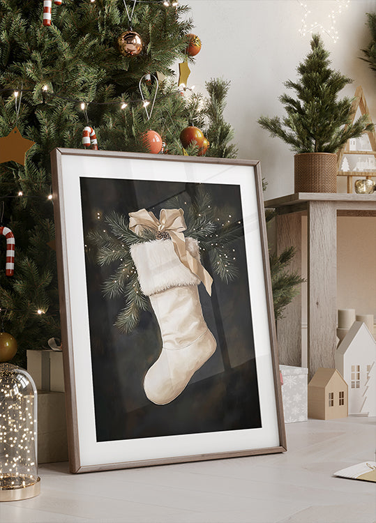 Christmas Stocking with Pine and Ribbon Plakat